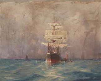 96
Sydney M. Laurence
1865-1940, Anchorage, AK
Clipper Ship, 1893
Oil on canvas
Signed and dated lower left: S.M. Laurence
34" H x 44" W
Estimate: $15,000 - $20,000