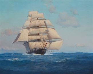 97
Warren Sheppard
1858-1937, Greenwich, NJ
"Glory Of The Seas"
Oil on canvas
Signed lower right: Warren Sheppard; titled and inscribed verso
28" H x 40" W
Estimate: $2,500 - $3,500