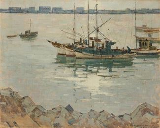 98
Paul Starrett Sample NA
1896-1974, Hanover, NH
"Fishing Boats," 1930
Oil on canvas
Signed and dated lower right: Paul Starrett Sample; titled on the frame plaque
24" H x 30" W
Estimate: $8,000 - $12,000