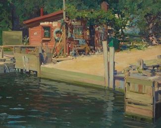 100
David Livingston Adam
1883-1924, American
The Ferry Landing, Saugatuck, 1923
Oil on board
Signed and dated lower left: D.L. Adam
23.5" H x 29.5" W
Estimate: $3,000 - $5,000
