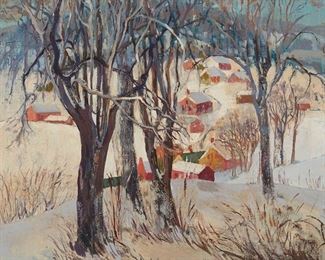 101
Susan Gertrude Schell
1891-1970, Titusville, PA
"Winter In Pennsylvania"
Oil on canvas
Signed lower right: S. Gertrude Schell; titled on a label affixed to the backing board
14" H x 16" W
Estimate: $2,000 - $3,000