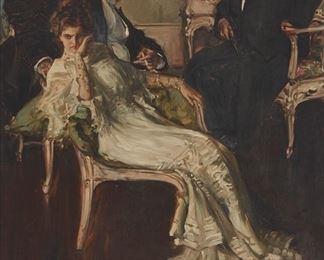 104
Albert Beck Wenzell
1864-1917, Englewood, NJ
Pensive Couple At An Elegant Evening Gathering
Oil on canvas
Signed lower left: A B Wenzell
40" H x 32" W
Estimate: $6,000 - $8,000