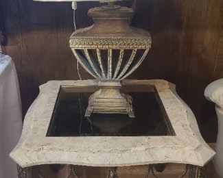 End table - stone, glass & wrought-iron + stone lamp
*we have matching coffee table