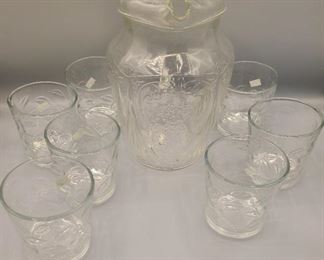 1930's Hazel Atlas pattern ~ "royal lace" pitcher & matching drinking glasses