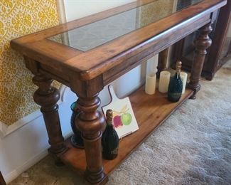 Wood, glass, wrought-iron sofa/wall table