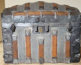 Antique Metal & Wood Humpback Steamer Trunk