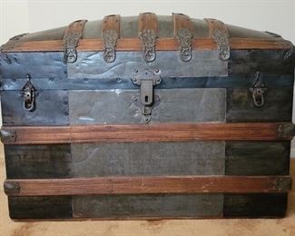 Antique Metal & Wood Humpback Steamer Trunk