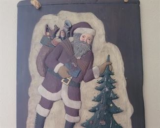 Signed Christmas Carved & Painted Wood Wall Decor