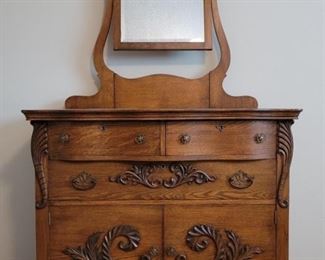 Antique Carved Oak Dry Sink with Mirror
