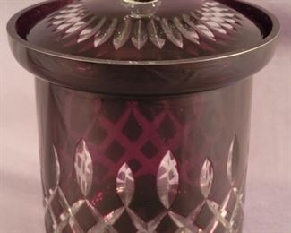 Bohemian Ruby Red Cut to Clear Biscuit Jar, Czech