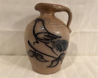Vintage Hand Made Salt Glaze Pottery Jug, USA with Bluebird