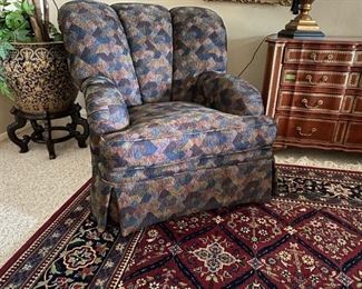 1 of 2 Skirted Blue Patterned Wingback Armchair