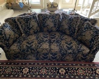 Blue Floral Upholstered Rolled Arm Sofa w/ Pillows