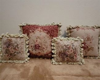 (4) Crocheted Floral Rose Tapestry Throw Pillows