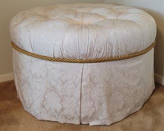 Vintage Ivory Damask Ottoman on Brass Casters