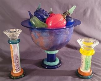 Kosta Boda Compote w/ Glass Fruit & Candlesticks