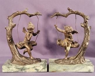 Vintage Brass Cupids Swinging Marble Base Bookends