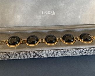 Lalique Gild Tone and Onyx Bracelet 6 1/2 Inch