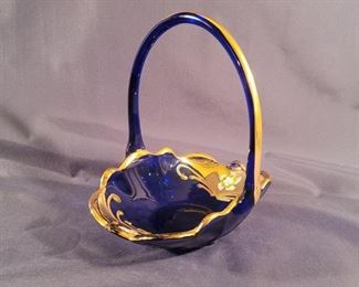Vintage Art Glass Cobalt Blue & Gold Trim Basket