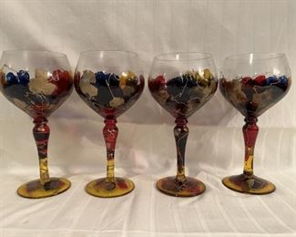 (4) Colorful Art Glass Goblets / Wine Glasses