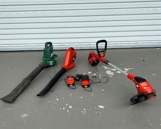Black & Decker battery powered weedeater and blower; both have a charger and extra battery; Weedeater brand electric blower
