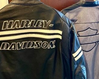 Harley Davidson heavy leather jacket and a mesh one for summer riding. Helmets. Water proof motorcycle riding gear. 