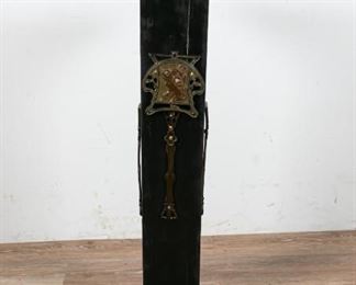 3	Art Nouveau Sculpture Pedestal	"Art Nouveau sculpture pedestal. Later 20th Century. Ebonized wood and plaster base, stand, and top, carved wood filigree on base and top, figural Art Nouveau bronze decorations on all four sides. Loss and cracking to stand, exposed plaster present. Stand slightly leans. 
38"" H x 14"" L x 11"" D"
