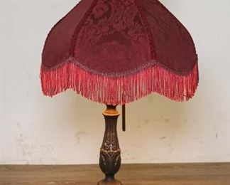 7	Victorian Table Lamp With Shade	"Victorian table lamp with shade. Metal base and pull chain. 
Some paint loss to base. 
29 1/4"" x 6"" Base diameter.
"
