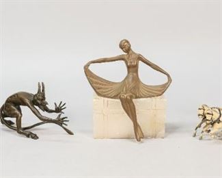 12	Grouping of Decorative Desk Items	"Grouping of decorative desk items. Continental, Early to Mid 20th Century. A demonic satyr bronze by European Bronze Finery (marked on inner thigh). A cast metal Roman emperor on chariot, an Art Nouveau bronze on alabaster base, and a brass and stone Egyptian sarcophagus. Heavy wear and oxidization to Roman emperor and sarcophagus, scratches and lines to alabaster. 
5"" H x 4"" L x 2"" W"
