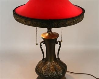 13	Victorian Amphora Lamp	"Victorian amphora lamp. English, Early 20th Century. Decorated red glass shade, brass shade supports, amphora form stand. Entire lamp is unstable. Base is detached from the stand, needs repair. Lamp has been tested and works. 
22"" H x 14"" diameter of shade"

