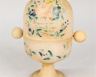 17	Alabaster View Finder Showing Scenes of London	"Paint decorated alabaster view finder showing scenes of London, 19th century. Minor chips and wear to alabaster, paint loss, wear to views.
6"" H x 2 1/4"" Base diameter."
