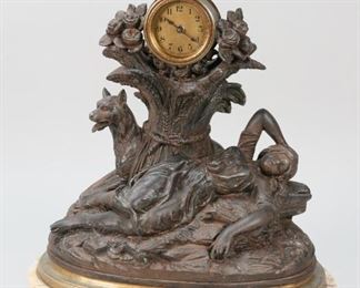 30	Charles Georges Ferville Suan White Metal Clock	Charles Georges Ferville Suan (French, 1847-1925) white metal mantle clock, Vigilance. Marble base. Clock by The Lux Clock Mfg. co. Inscribed on verso with foundry mark. 12 1/2" L x 7" W x15" H. Wear to patina. Clock not running.
