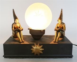34	JB Hirsch Style Art Deco Figural Table Lamp	"Art Deco metal table lamp with globe and pixies reading a book on either side of lamp. Possibly JB Hirsch.
Globe has slight crack to base. 
7 1/4"" H x 9 1/4"" L x 4 3/4"" D."

