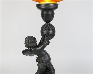 37	Metal Cherub Table Lamp With Torch Shade	"Metal cherub table lamp with torch shade. 
25"" x 8"" x 8""."
