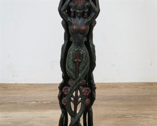 44	Cast Iron Mermaid Fish Bowl Stand Light	The Booth Company cast iron mermaid fish bowl stand. Chicago Early 20th Century. Now converted to a lighted stand with green glass. In working order. Some spots of rust.  32" Tall
