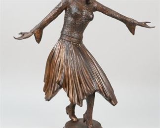 47	Art Deco Dancer Painted Metal Sculpture	"Art Deco dancer painted metal sculpture. In the style of Chiparus. 21"" H  x 15 1/4"" W.  Wear to patina on skirt and hands.
"
