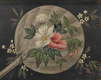 58	Victorian Wall Rack with Painted Tin Flowers	"Victorian wall rack/pocket, fold down front with oil on tin painting of flowers on a fan. Wood and gesso frames, 19th century.
Gesso frame has loss and chipping to surface. Tin painting has rust on right side, paint loss throughout. 
Overall: 16"" x 20"""
