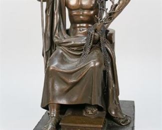 61	Bronze Statue of Zeus at Olympia	"Bronze statue of Zeus at Olympia, as described from the Temple of Zeus in Olympia, originally made and designed by Phidias (Ancient Greek, c. 480-430 B.C.) Bronze of the King of the Olympians and god of thunder resting on black marble base with placard. Some wear and chipping to base, wear to bronze. 
12"" H x 5"" L x 6"" W"
