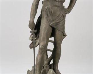 62	Victor Rousseau Le Devoir White Metal Sculpture	Victor Rousseau (Belgian, 1865-1954) white metal sculpture, Le Devoir. Signed Rousseau, inscription to the front La Frontiere. Metal plaque with title to base. 30 1/2" H (from base to top of figure). Scuffing to face and neck, oxidation to the body. Soldering marks to both arms and back of tunic.
