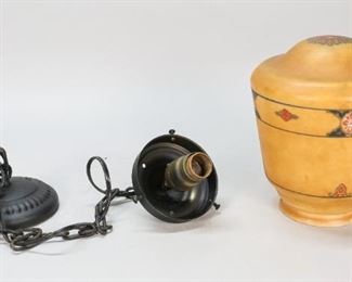 66	Art Deco Hanging Lamp With Shade	"Art deco hanging lamp with shade and canopy. Discoloration to outside of shade and chipping to base.
Light: 10"" without chain and canopy."
