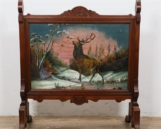 127	Reverse Painted Glass Fireplace Screen	"Reverse painted glass fireplace screen. Buck in winter landscape.

34 1/4"" H x 30"" L x 14"" W."
