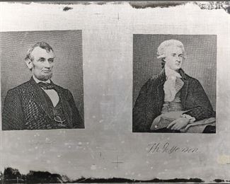 134	Steel Engraving Plate of Lincoln & Jefferson	"Steel engraving plate of Lincoln and Jefferson mounted and framed. 

Ink residue to steel plate. 

Plate size: 12 1/4"" x 18"".
Frame size: 17 1/2"" x 22 1/2""."
