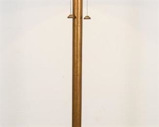 137	Arts & Crafts Slag Glass Floor Lamp	Art & Crafts painted metal floor lamp. Slag glass shade with interior red glass, painted metal exterior. 3 lights. 3 pull chains. 61 1/2" H x 17 1/2" shade diameter. Later painting to the lamp, base and shade. Solder repair to the top of the shade, crack to cap.
