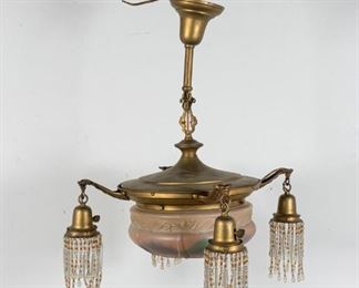 143	Art Deco Hanging Chandelier	"Art Deco copper painted gold hanging chandelier with 4 lights and center light with reverse painted glass shade. 

Some loss to paint finish and top has slight dent. 
Overall height: 26"" x 21"" Diameter."
