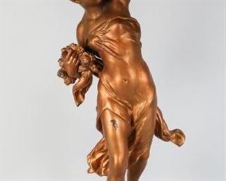 155	After Mathurin Moreau Bronze Lamp	After Mathurin Moreau (French, 1822-1912) patinated bronze lamp. Inscribed on the base, Math Moreau. Plaque to the front: Bataille de Fleurs, Par Math. Moreau (Hors Concours). With flower bulb light bulb. 29 1/2" H from base to top of light bulb. Wear to paint on left leg, toes, fingers and base.
