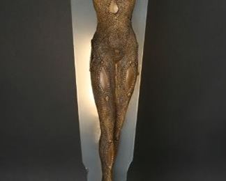 156	After Dimitri Chiparus Dourga Metal Lamp	"After Dimitri Chiparus (Romanian/French, 1886-1947) Dourga painted metal lamp. 8"" L x 5"" W x 24 3/4"" H. 
Chips to frosted glass panel, lower left, right and top left. 
"
