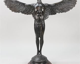 157	After Adolph Weinman Icarus Painted Bronze	After Adolph Alexander Weinman (German-American, 1870-1952) painted bronze, Rising Day, Icarus. 24 1/2" H x 22" W (from wing tip to wing tip). Wear to paint on chest, legs and face.
