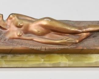 159	Sleeping Woman Patinated Bronze on Green Onyx Base	"Sleeping woman bronze on green onyx base. 
Base: 19"" L x 6"" W x 4"" H. Chips to edge of green onyx base. Wear to face and body."
