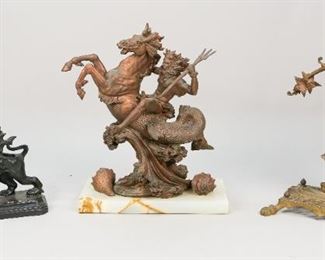 162	3 Mythological Sculptures	Painted composite sculpture of Poseidon on a marble base. Brass dragon form bell on footed stand. Metal Griffin on base. Poseidon sculpture: 10" L x 5" W x 12 1/2" H. Residue to base of griffin sculpture. Brass vase added to griffin sculpture later. Residue to left shell of Poseidon sculpture.
