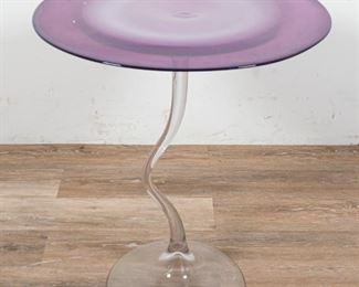 165	Art Glass End Table	"Art glass end table. 27 3/4"" H x 22 1/4"" diameter. 
Chips to bottom rim. Scratches to surface, glass imperfections to the surface."
